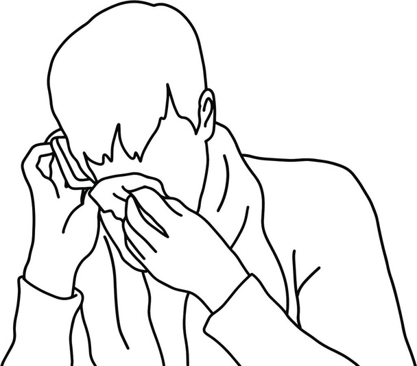 "печальный бизнесмен плачет при использовании векторной иллюстрации мобильного телефона" - Вектор,изображение