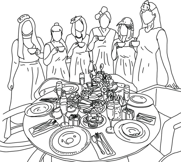 "cinq femmes ayant thé de l'après-midi avec desserts sur la table vecteur il" - Vecteur, image