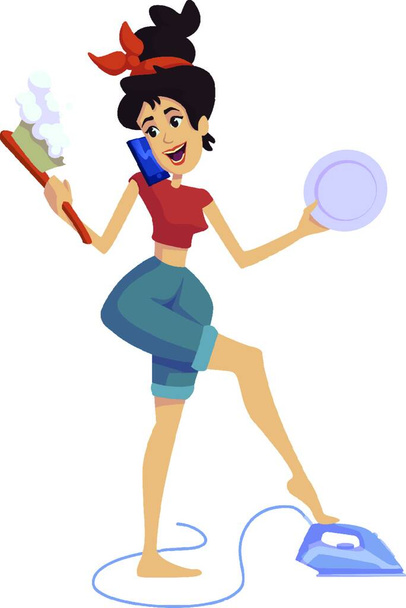 主婦フラット漫画ベクトルイラスト。家事をする女性。ジェミニ星座の人格。商業、アニメーション、印刷デザインのための2D文字テンプレートを使用する準備ができています。孤立した漫画のヒーロー - ベクター画像