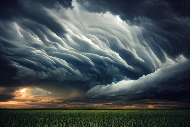 空に雲の創造的なイラスト。緑のフィールド上の嵐の雲. - 写真・画像