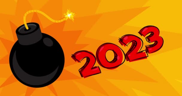 Cartoon Black Bomb con il numero 2023. Balli esplosivi su sfondo giallo esplosione. - Filmati, video