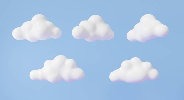 Nubes blancas lindo suave flotando sobre el fondo azul cielo. Mínima ilustración esponjosa de dibujos animados. renderizado 3d - Foto, Imagen