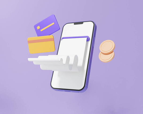 Pay money via app mobile Internet banking online payments bill card and coins floating on purple background, exchange transfer concept. cartoon minimal. 3d render illustration - Фото, зображення