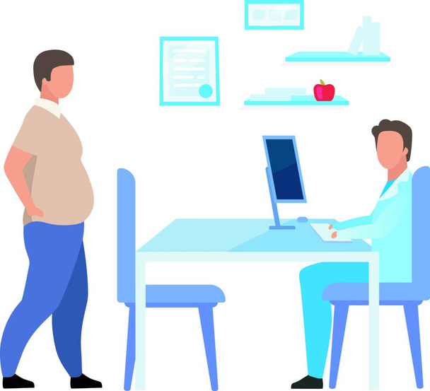 "Obese man visiting dietitian flat vector illustration. Overweight adult consulting nutritionist isolated cartoon characters on white background. Male physician consulting patient with obesity" - Vector, Image
