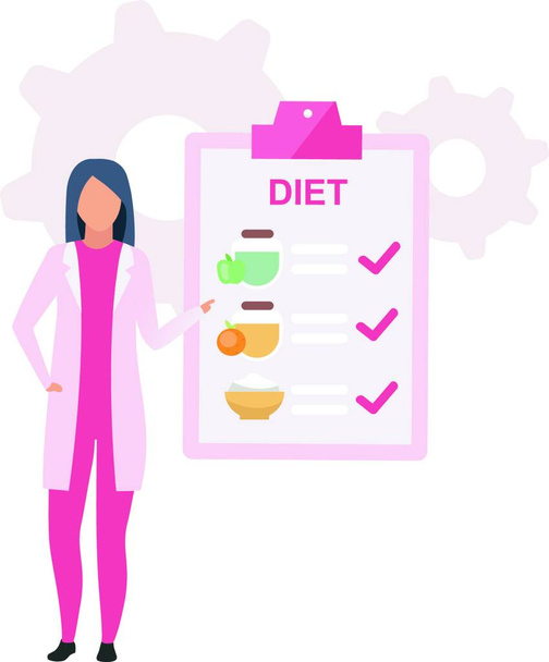 "Dieetvoeding plan vlakke vector illustratie. Vrouwelijke voedingsdeskundige voorschrijven van gezond voedsel voor het verliezen van gewicht geïsoleerde stripfiguur op witte achtergrond. Dietitititian beveelt maaltijden schema" - Vector, afbeelding