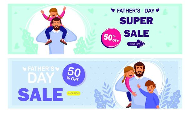 "Gelukkige Vaderdag viering. Creatieve website header of banner set, Klaring Sale met platte korting Aanbieding, Vector illustratie van leuke jongen en meisje knuffelen zijn vader voor Happy Father 's Day viering." - Vector, afbeelding