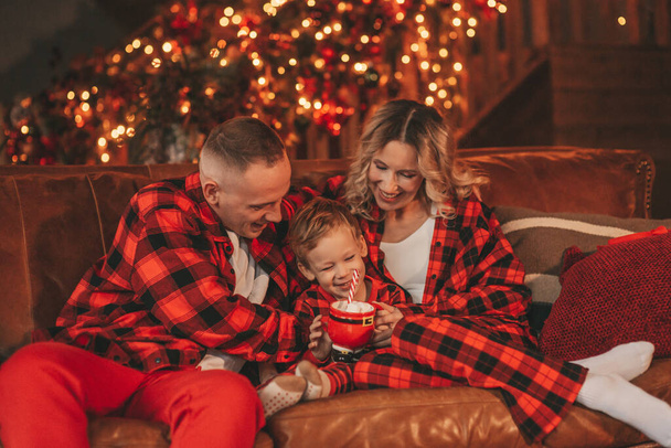 Smile active parents with small son in red checkered sleepwears waiting Santa indoor. Stylish family love laughing hugs kisses at home. Celebrate New year garlands and lights eve 25 December Noel tree - Valokuva, kuva