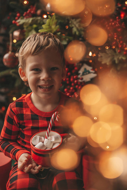 Mucizevi Noel Baba 'yı bekleyen mutlu küçük hayalperest çocuk renkli lolipopun tadını çıkarıyor. Kırmızı kareli uykucu neşeli çocuk yeni yılı kutluyor Noel ağacının yanında marshmallowlu Xmas bardağı tutuyor 25 Aralık arifesi - Fotoğraf, Görsel