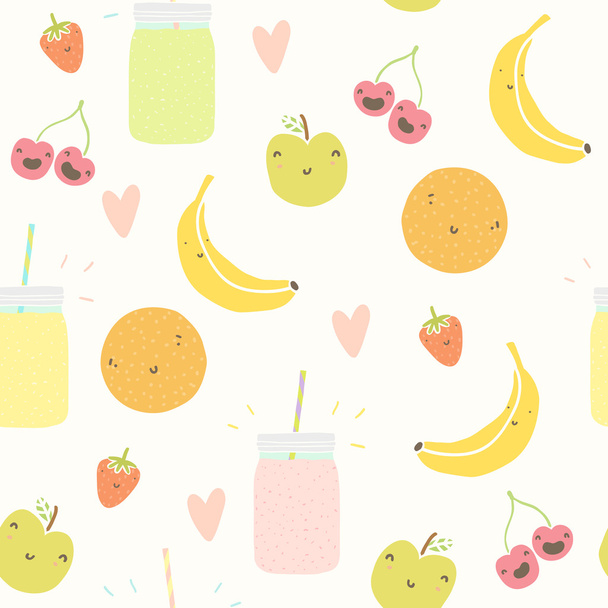 Smoothie pattern with funny fruits. - Vector, imagen