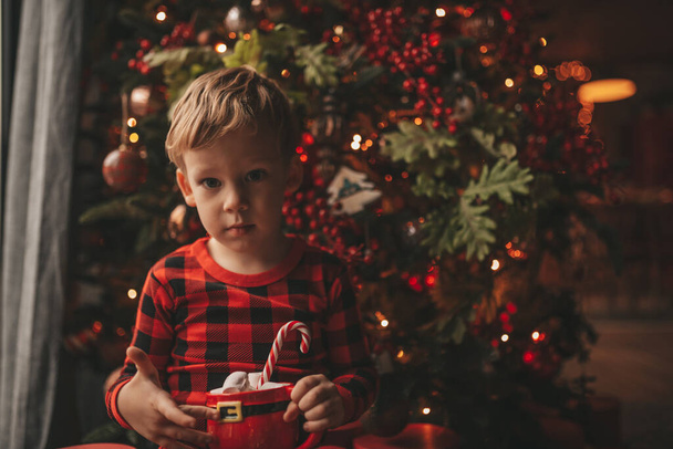 Happy little boy dreamer waiting at miracle Santa enjoy sweets color lollipop. Red checkered sleepwear cheerful kid celebrating new year hold Xmas cup with marshmallows near noel tree eve 25 december - Photo, Image