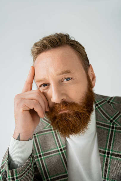 Portrait of serious bearded man in jacket looking at camera isolated on grey  - Fotoğraf, Görsel