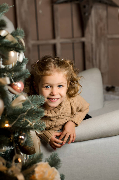 una hermosa chica riendo en un suéter beige se sienta en un sillón gris claro y mira juguetonamente desde detrás de un árbol de Navidad en una habitación oscura - Foto, Imagen