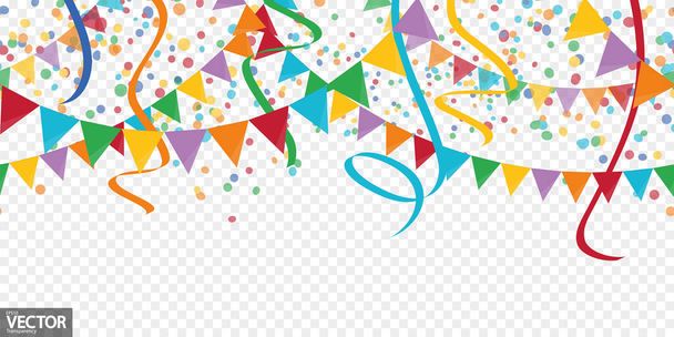 Illustration EPS 10 de confettis heureux de couleur transparente, guirlandes et banderoles sur fond blanc pour l'utilisation du modèle de fête de carnaval ou d'anniversaire avec transparence dans le fichier vectoriel - Vecteur, image