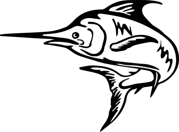"Niebieski Marlin Ryby skaczące w górę Czarno-białe Retro" - Wektor, obraz