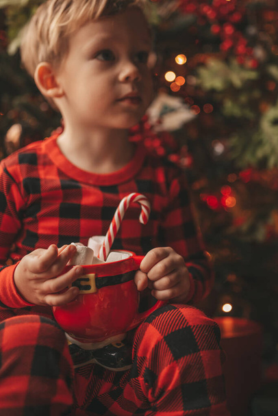 Happy little boy dreamer waiting at miracle Santa enjoy sweets color lollipop. Red checkered sleepwear cheerful kid celebrating new year hold Xmas cup with marshmallows near noel tree eve 25 december - Фото, зображення