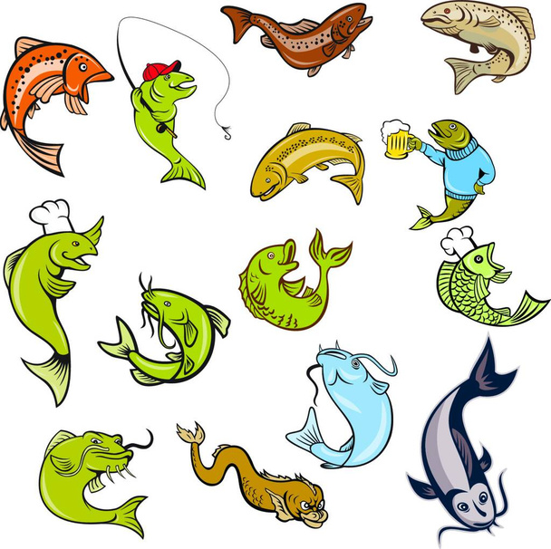 "Forelle Lachs Fisch Maskottchen Cartoon-Set" - Vektor, Bild