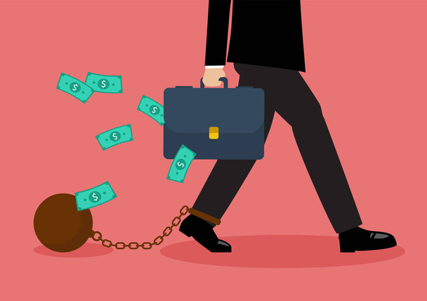 Chained businessman holding money bag. Business situation concept. - Vector, Image