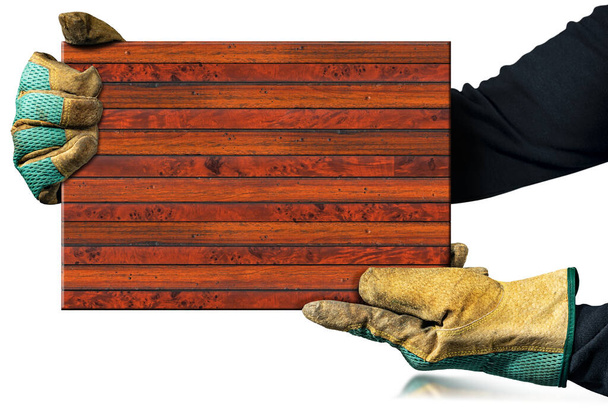 Carpenter with protective work gloves holding a brown striped wooden plank, isolated on white background with copy space. Photography. - Photo, Image