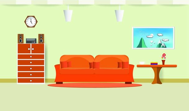 "диван оранжевый интерьер гостиной с кофе cupon стол и ок" - Вектор,изображение