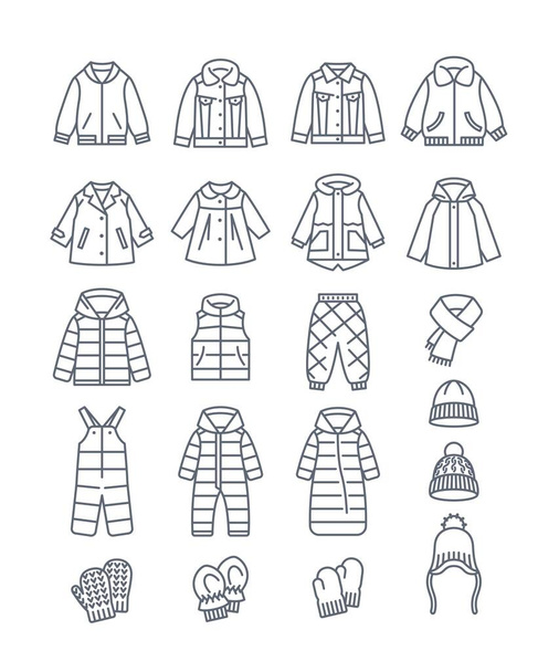 Βρεφικά εξωτερικά ενδύματα ζεστά ρούχα λεπτές εικόνες γραμμή. Σακάκια, παλτά, χιόνια, καπέλα και γάντια. Περίγραμμα εικονογραμμάτων παιδικών ενδυμάτων. Παιδική γκαρνταρόμπα. Βασική χειμερινή ενδυμασία για νήπιο, μικρό αγόρι ή κορίτσι - Διάνυσμα, εικόνα