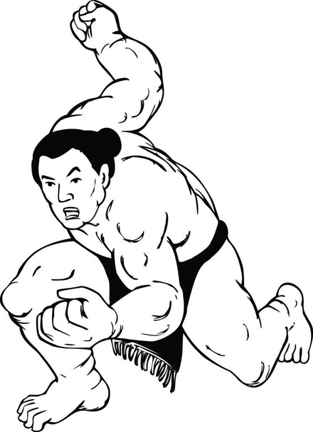 "Professional Sumo Wrestler or Rikishi in Fighting Stance Ukiyo-E or Ukiyo Black and White Style " - Vector, Image