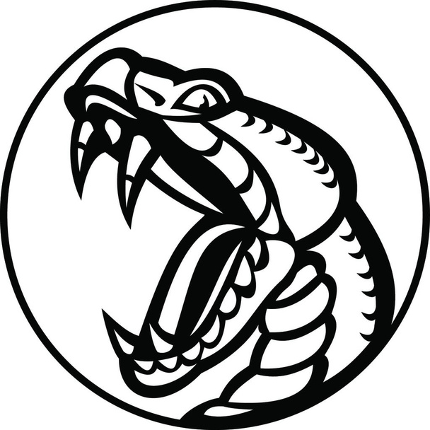 "Agressieve Copperhead Snake Baring Fangs Mascotte Zwart-wit" - Vector, afbeelding