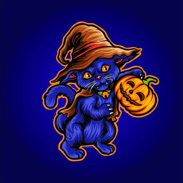 "Gato Halloween assustador abóboras bruxa Zombie Ilustrações para mercadorias e vestuário adesivos" - Vetor, Imagem
