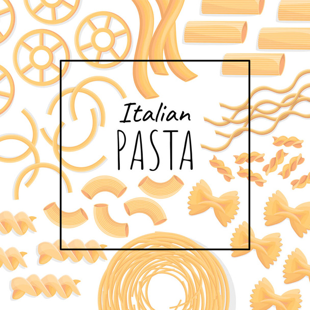 Pasta set. Italian traditional macaroni cartoon illustration icon, rotelle, spaghetti, vermicelli. Flour products for food blog or menu design. Dry ingredient, kitchen and cooking theme, restaurant - ベクター画像