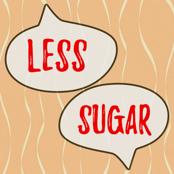 Tekst teken toont minder suiker, begrip betekent minder volume van zoetheid in elk voedsel of drank die we eten - Foto, afbeelding