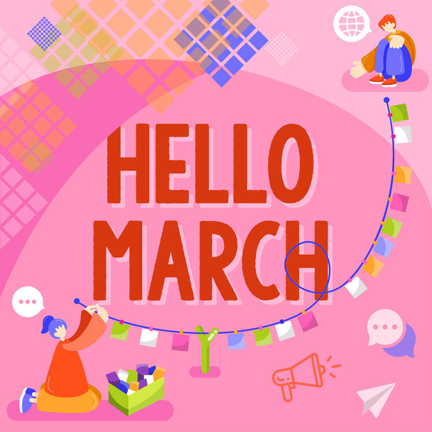 Bildunterschrift: Hallo März, Internet-Konzept - ein Grußwort, das bei der Begrüßung des Monats März verwendet wird - Foto, Bild
