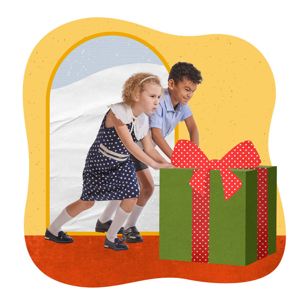 Contemporary art collage. Creative design with children, boy and girl pushing big present box. Preparation. Concept of childhood, winter holidays, Christmas, New Year, creative. Postcard design - Foto, imagen