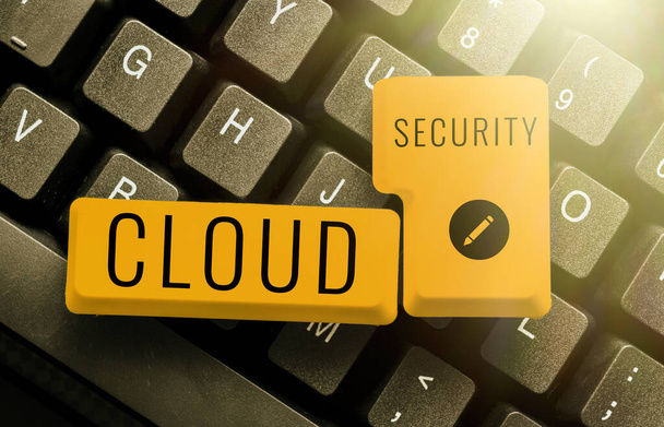 Teksti kuvateksti esittää Cloud Security, liikeidea Asettaminen suojattu järjestelmä nykyisten tietojen Internetissä - Valokuva, kuva