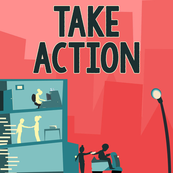 Text zeigt Inspiration Take Action, Business-Ansatz positiver Akt der Entscheidungsfindung zur Lösung des Problems - Foto, Bild