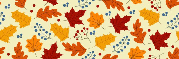 Patrón largo de otoño sin costuras con bayas y hojas. Patrón sin costuras de otoño. Encantador patrón de otoño. Mano dibujada. Ilustración vectorial - Vector, Imagen