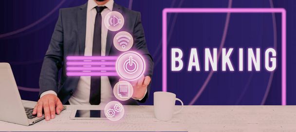 Expositor conceptual Banca, Fotografía conceptual institución financiera autorizada para recibir depósitos y hacer préstamos - Foto, imagen