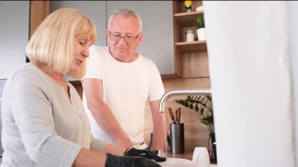 Grootvader en grootmoeder doen de afwas in de keuken. Gelukkige gepensioneerden reinigen het huis samen.. - Video