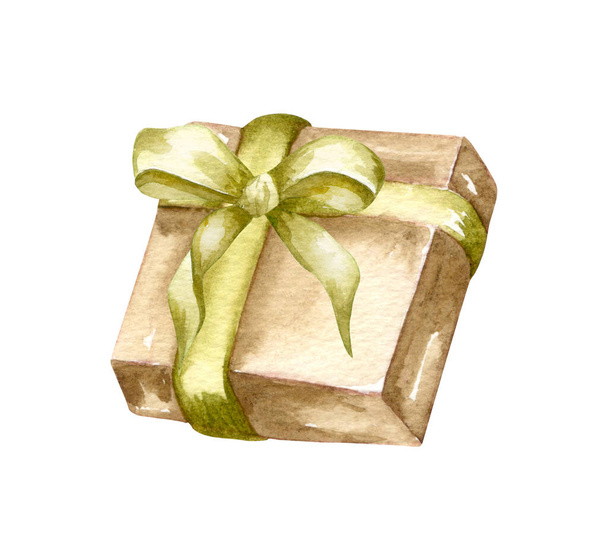 Aquarell-Geschenkbox in Bastelpapier mit einem hellen Band. Handgezeichnete Urlaubselemente isoliert auf weißem Hintergrund. Weihnachtsgeschenke - Foto, Bild