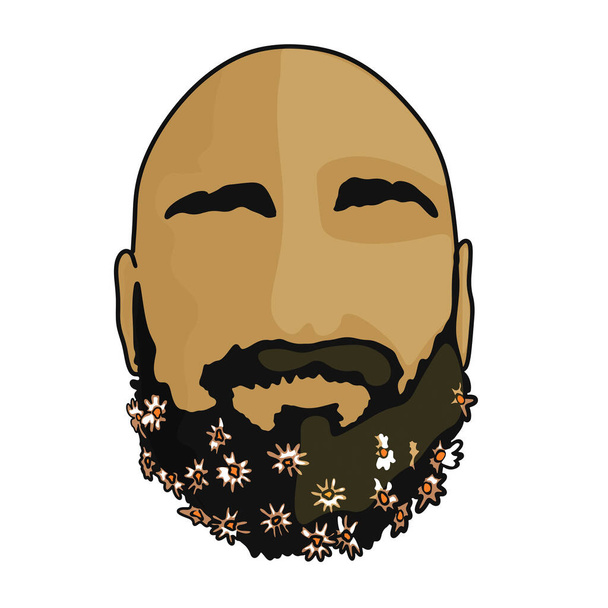 Pas goed op je baard. Close-up van een shirtloze jongeman met bloemen in zijn baard op een witte achtergrond. Een man met bloemen in zijn baard. Hallo lente. Vector illustratie, logo, icoon - Vector, afbeelding