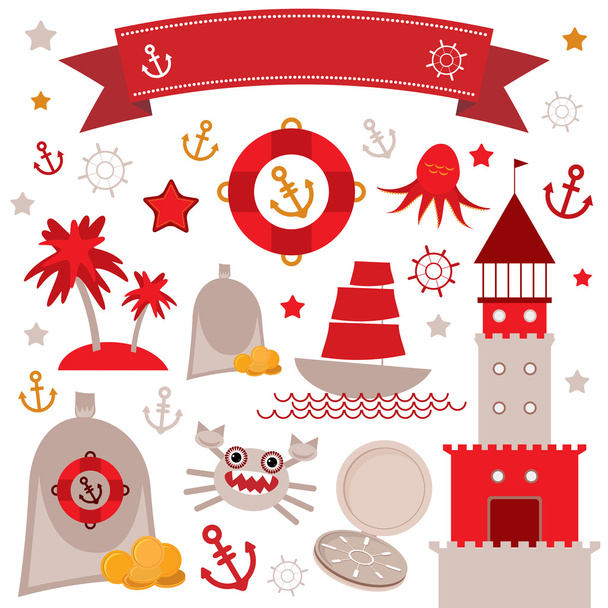 Vintage scrap nautical set cute sea objects. Red, gray, yellow. Vector - ベクター画像