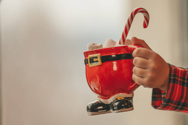 Šťastné Japonsko holčička snílek čeká zázrak Santa těšit sladkosti v blízkosti stromu Noel. Asijské dítě v červené kostkované oblečení slaví nový rok držet Vánoční pohár s marshmallows na bokeh světla eve 25 prosinec - Fotografie, Obrázek