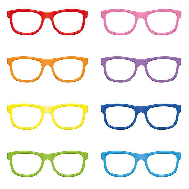 Eyeglasses, colorful trendy specs to put on someone - colored modern spectacles with red, orange, yellow, green, pink, purple and blue optical eyeglass frame - isolated vector on white background. - ベクター画像