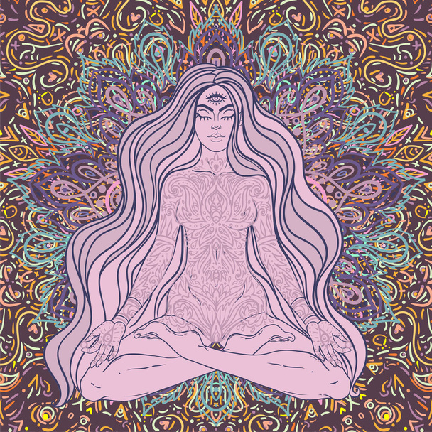 Beautiful Girl sitting in lotus position over ornate colorful mandala background. Vector illustration. Psychedelic mushroom composition. Buddhism esoteric motifs. Tattoo, spiritual yoga. - Vector, imagen