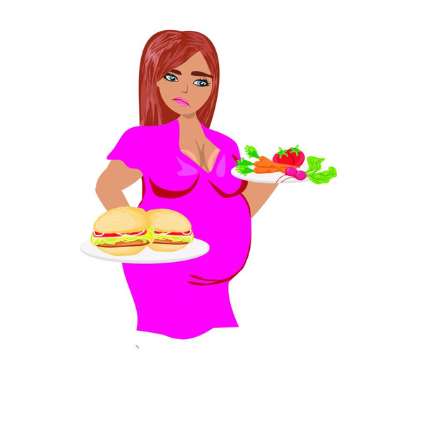 "nainen valitsee terveellisen ja epäterveellisen ruoan välillä
" - Vektori, kuva