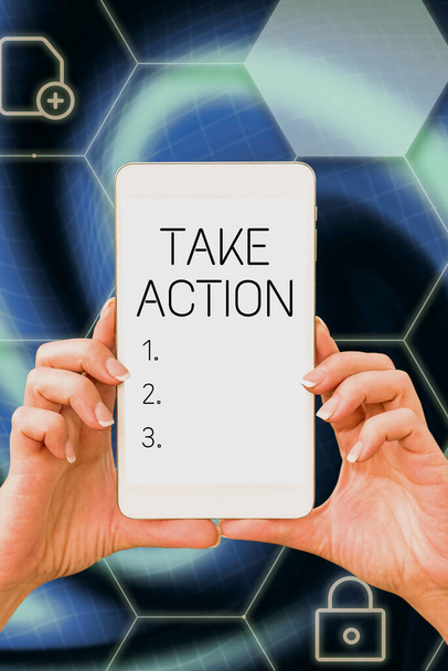 Inspiration zeigt Zeichen Take Action, Business Überblick positiver Akt der Entscheidungsfindung zur Lösung des Problems - Foto, Bild