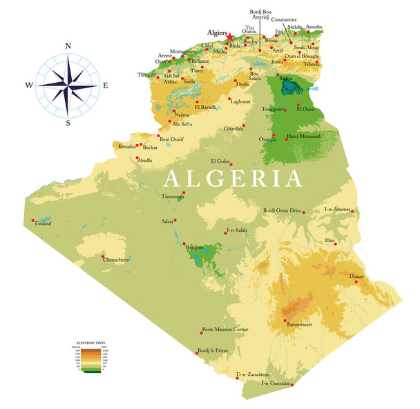 Εξαιρετικά λεπτομερής φυσικός χάρτης της Αλγερίας σε διανυσματική μορφή, με όλες τις μορφές ανακούφισης, τις περιοχές και τις μεγάλες πόλεις. - Διάνυσμα, εικόνα