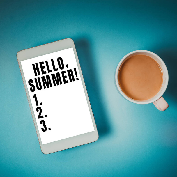 Znak tekstowy witający Hello, Summer, Word Wpisany na powitanie używane, gdy doświadcza się gorącej pory roku - Zdjęcie, obraz