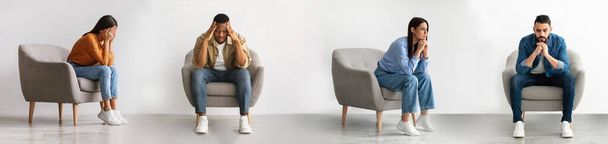 Masennuksen käsite. Joukko surullinen Pensive monikansallisia ihmisiä istuu nojatuolissa kotona, eri miehet ja naiset tuntevat stressaantunut ja järkyttynyt, kärsimystä elämän ongelmia tai mielenterveysongelmia, kollaasi - Valokuva, kuva