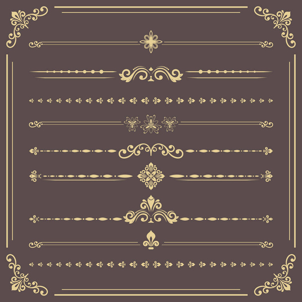 Vintage set of vector brown and golden elements. Horizontal separators in the frame. Collection of different ornaments. Classic patterns. Set of vintage patterns - Vector, Image