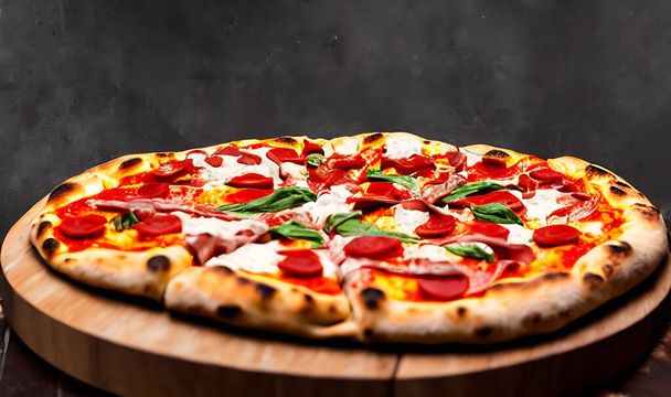 Pizzaa. Perinteistä italialaista ruokaa pikaruokaa. Gourmet tuoretta herkullista kotitekoista pizzaa. Eurooppalainen välipala. Käsikirjoitus ja juliste pizzerioita tai ravintoloita varten. - Valokuva, kuva