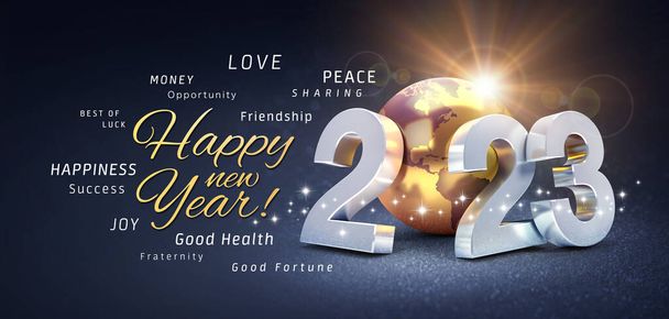 Szczęśliwego Nowego Roku pozdrowienia, najlepsze życzenia i 2023 data numer, skomponowany ze złotym kolorze planety ziemi, na uroczystym czarnym tle, z brokatami i gwiazdami - Ilustracja 3D - Zdjęcie, obraz